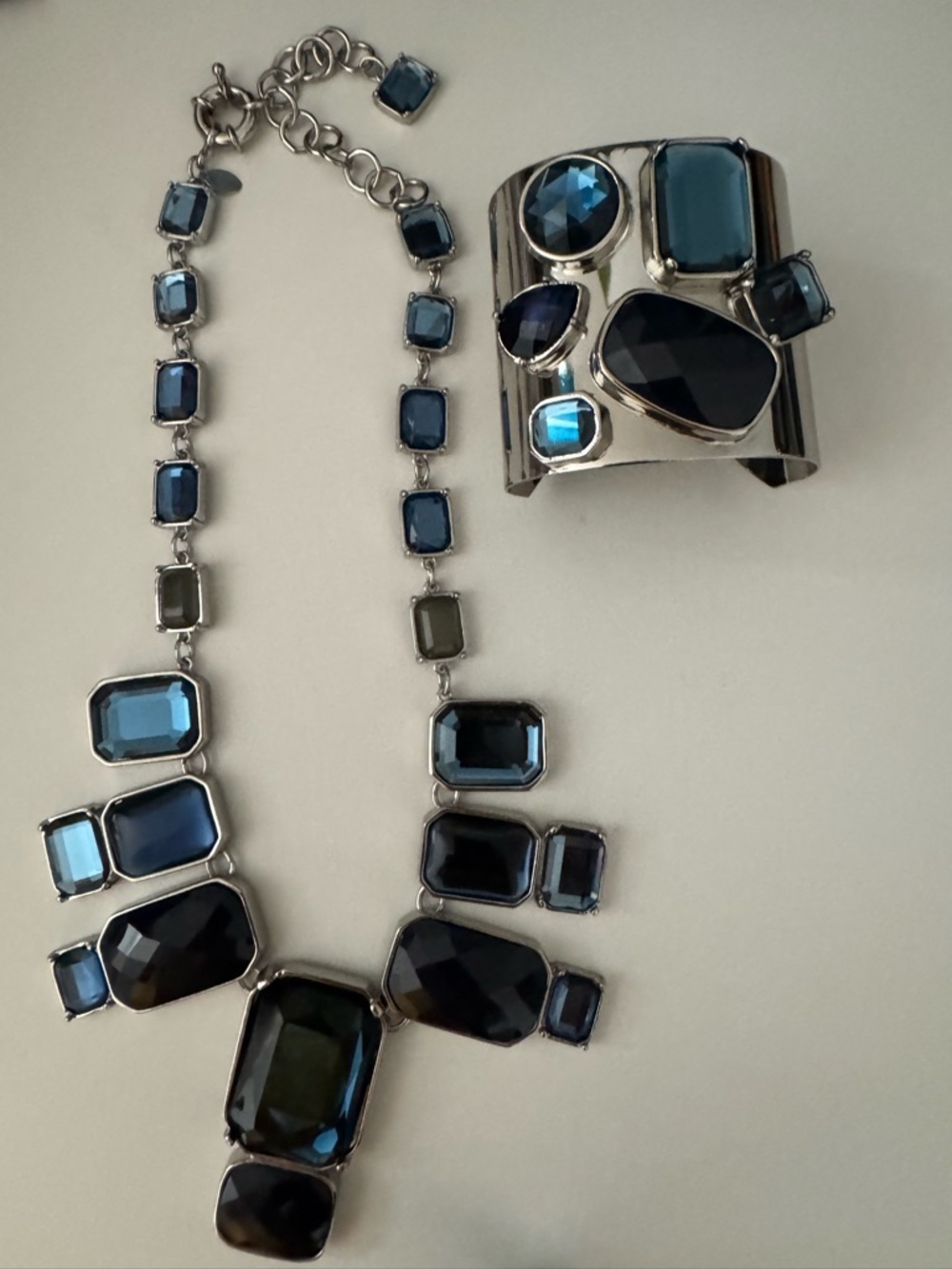 Blue Glass Statement Necklace and Bracelet - Silver-Tone Fashion Jewelry